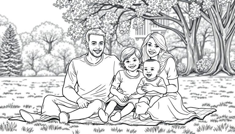 Kleurplaat van een lachende familie in een park met picknickkleed, een man, vrouw, baby en kind.