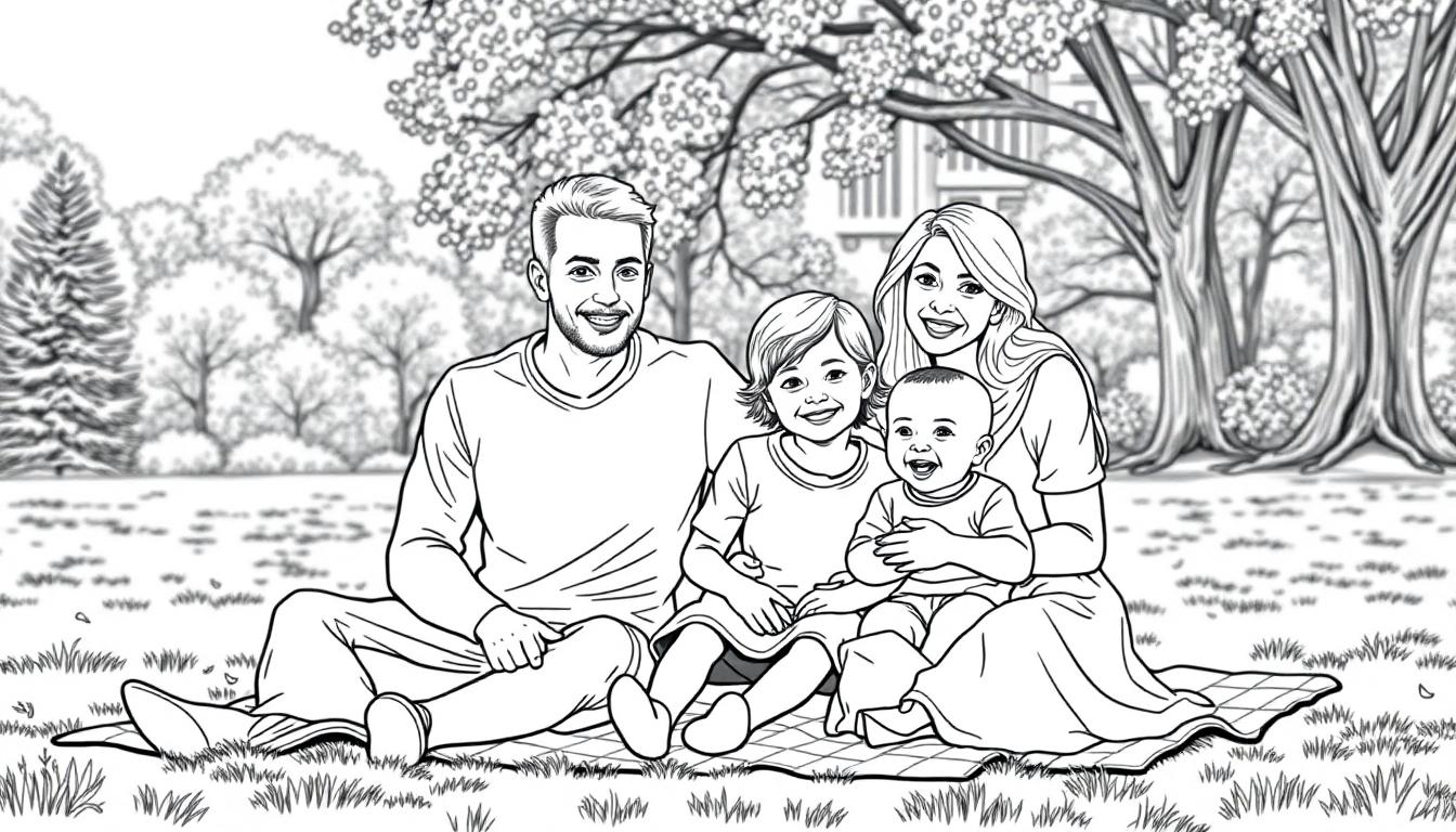 Kleurplaat van een lachende familie in een park met picknickkleed, een man, vrouw, baby en kind.