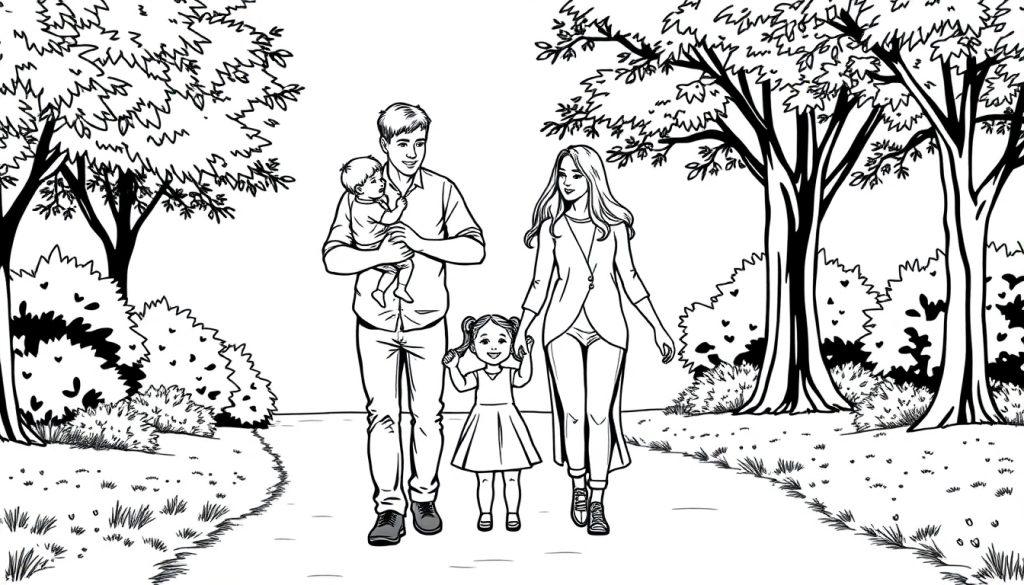 Een zwart-wit kleurplaat van een familie in een park. De man houdt een baby vast, de vrouw houdt de hand van een jong meisje vast, terwijl ze op een pad wandelen tussen gras, struiken en bomen.