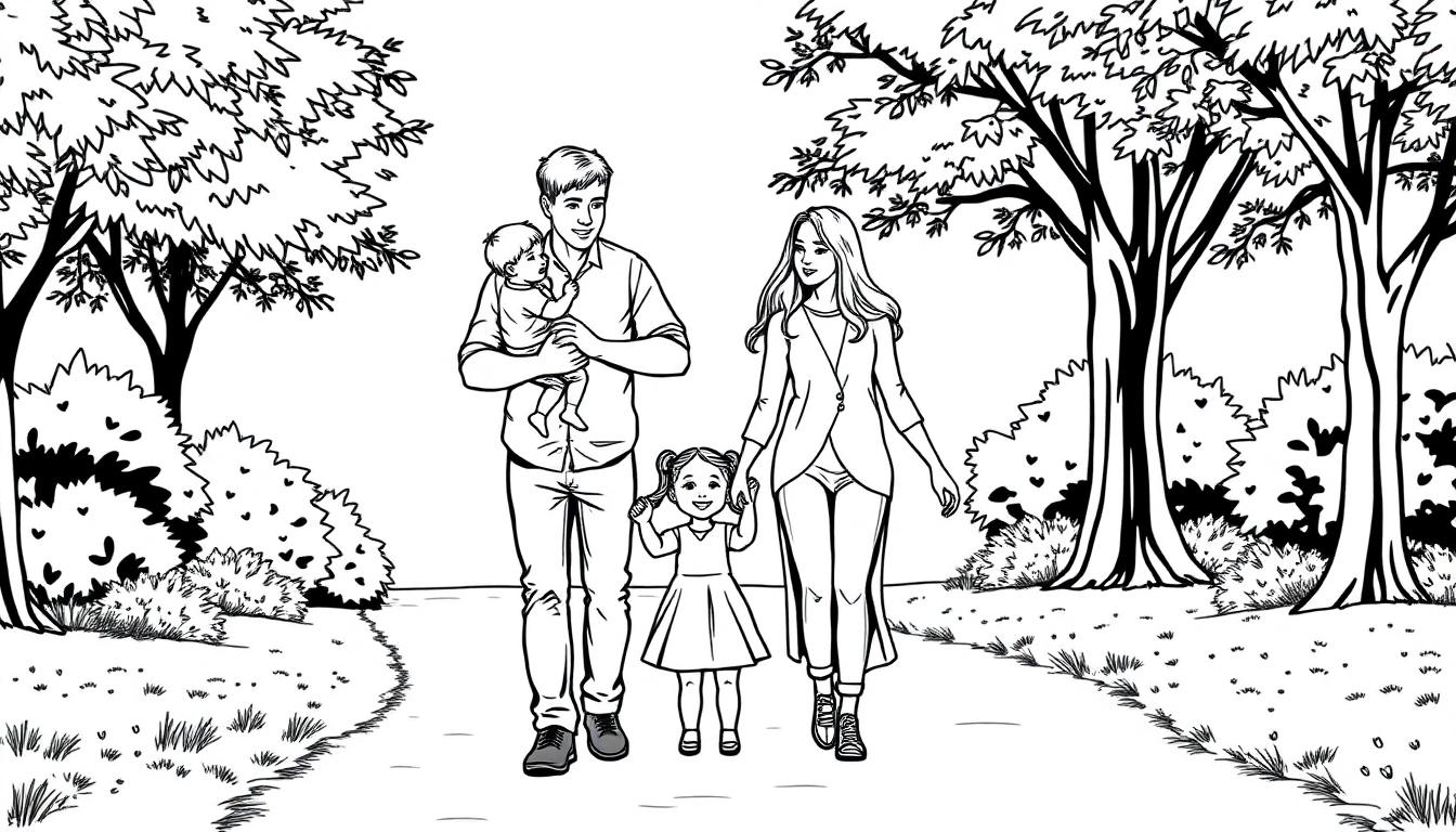 Een zwart-wit kleurplaat van een familie in een park. De man houdt een baby vast, de vrouw houdt de hand van een jong meisje vast, terwijl ze op een pad wandelen tussen gras, struiken en bomen.