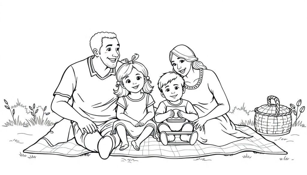 Zwart-wit kleurplaat van een glimlachend gezin met een man, een vrouw, een meisje en een babyjongen, gezellig op een picknickkleed in de natuur.