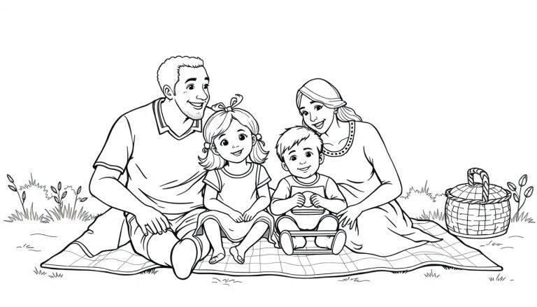 Zwart-wit kleurplaat van een glimlachend gezin met een man, een vrouw, een meisje en een babyjongen, gezellig op een picknickkleed in de natuur.