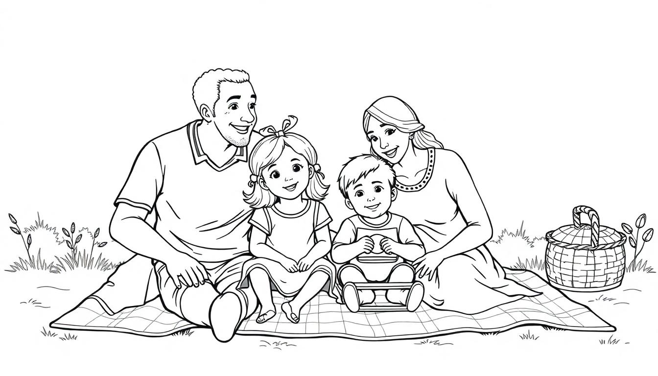 Zwart-wit kleurplaat van een glimlachend gezin met een man, een vrouw, een meisje en een babyjongen, gezellig op een picknickkleed in de natuur.