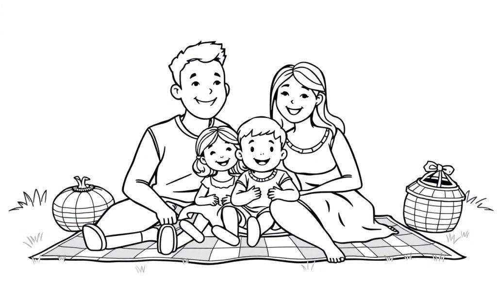 Kleurplaat van een gezin dat een picknick houdt in het gras met manden ernaast.