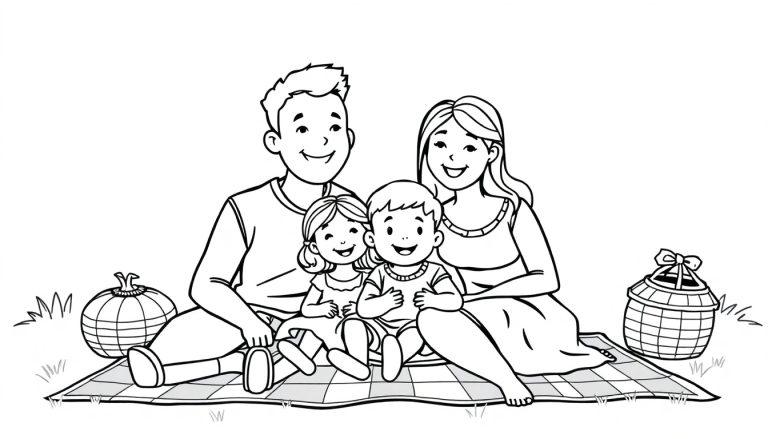 Kleurplaat van een gezin dat een picknick houdt in het gras met manden ernaast.