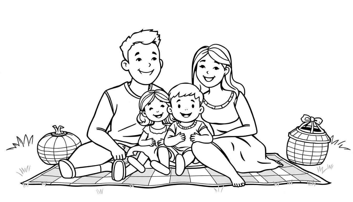 Kleurplaat van een gezin dat een picknick houdt in het gras met manden ernaast.
