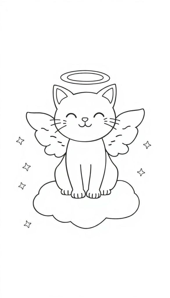 Een eenvoudige kleurplaat van een kat als engel, zittend op een wolk met vleugels, een halo en sterretjes.