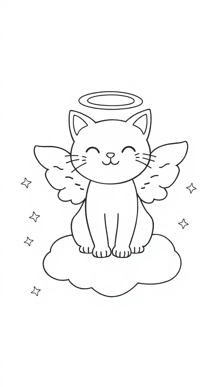 Een eenvoudige kleurplaat van een kat als engel, zittend op een wolk met vleugels, een halo en sterretjes.