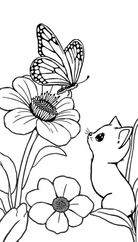 Kleurplaat van een schattig katje dat nieuwsgierig naar een vlinder kijkt, omringd door bloemen.