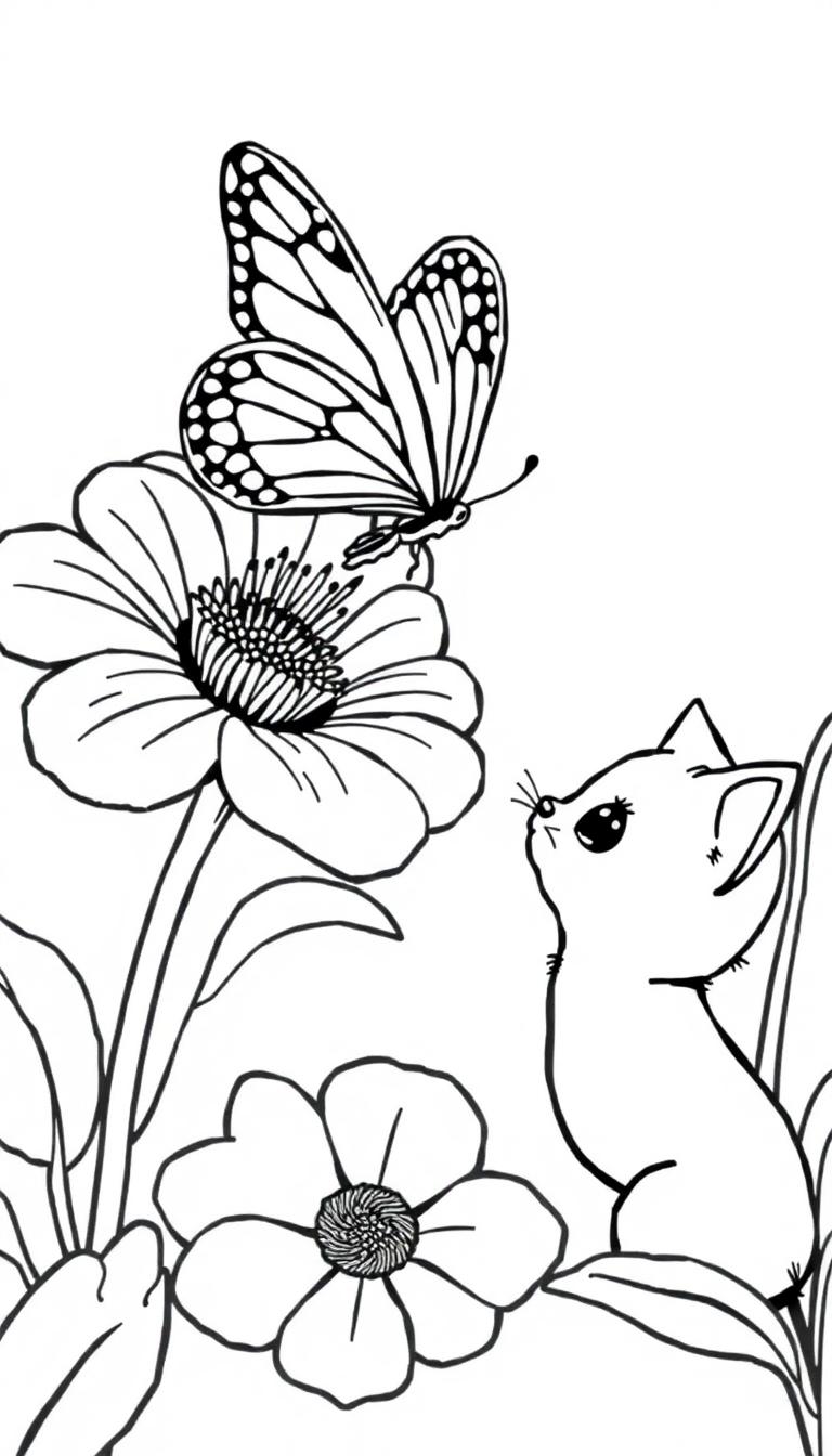Kleurplaat van een schattig katje dat nieuwsgierig naar een vlinder kijkt, omringd door bloemen.
