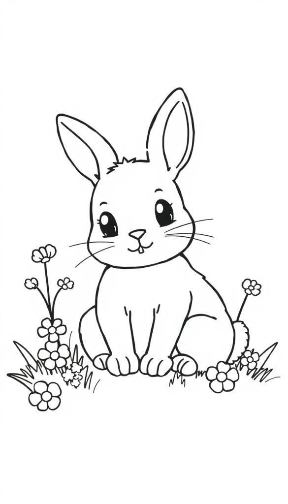 Kleurplaat van een schattig konijn met grote oren tussen gras en bloemetjes.