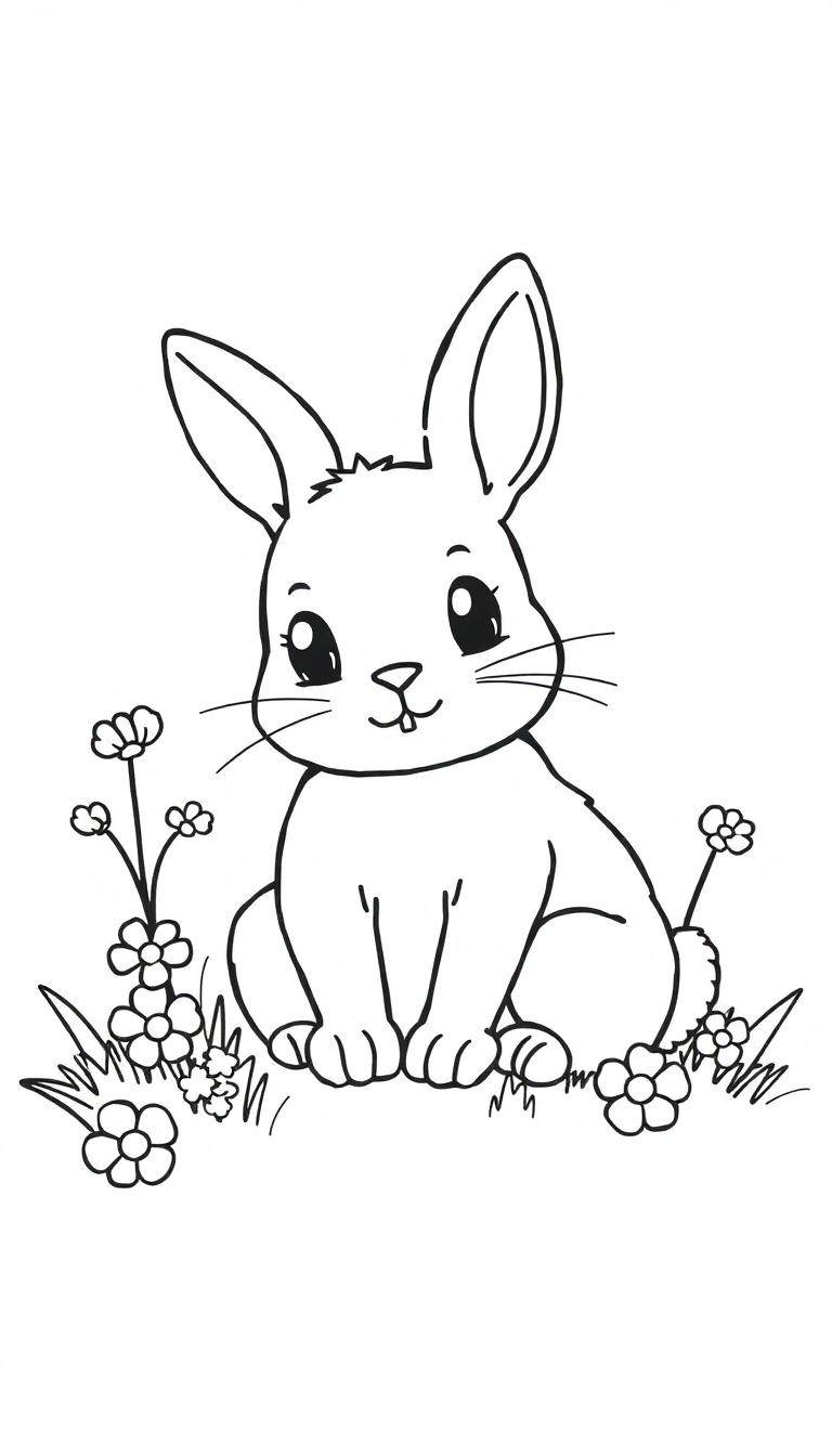 Kleurplaat van een schattig konijn met grote oren tussen gras en bloemetjes.