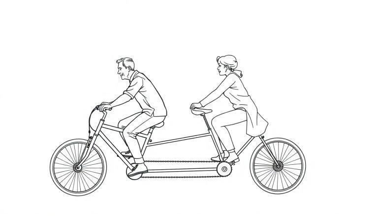 Kleurplaat van twee personen op een tandemfiets, vrolijk fietsend samen.