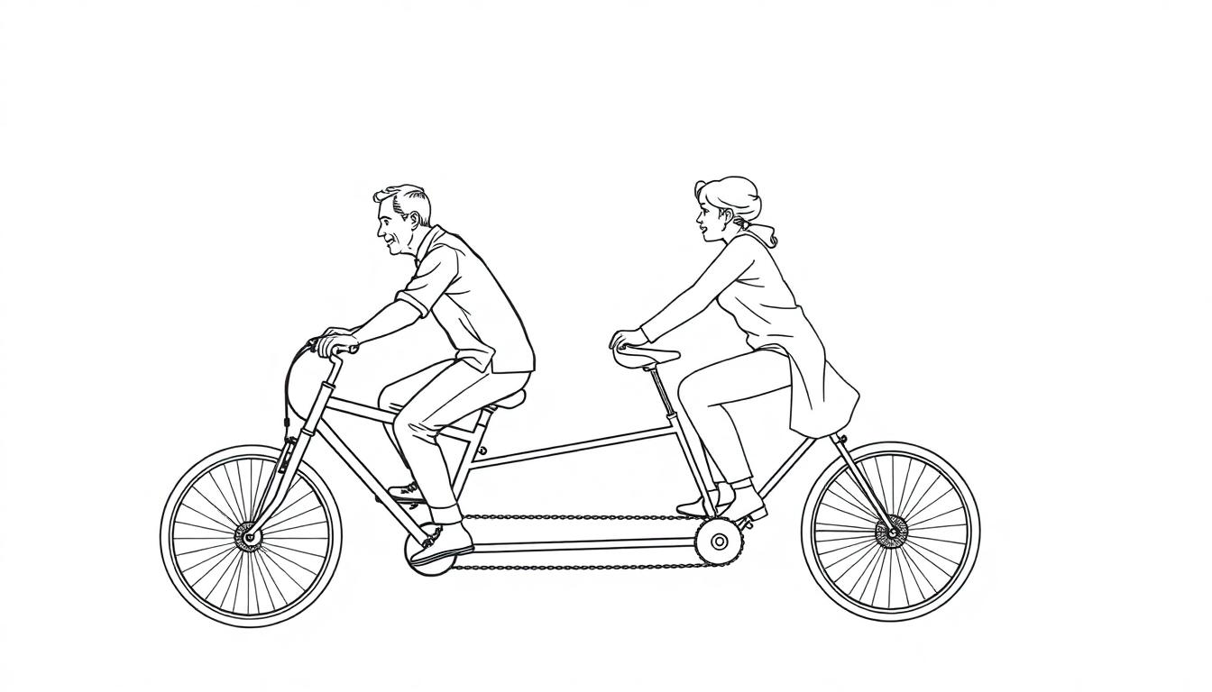 Kleurplaat van twee personen op een tandemfiets, vrolijk fietsend samen.