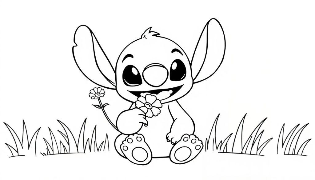 Kleurplaat van Stitch die vrolijk twee bloemetjes vasthoudt terwijl hij tussen het gras zit.