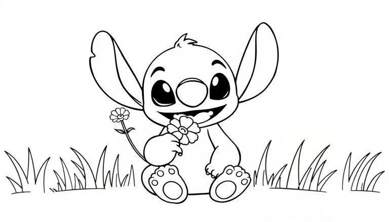 Kleurplaat van Stitch die vrolijk twee bloemetjes vasthoudt terwijl hij tussen het gras zit.