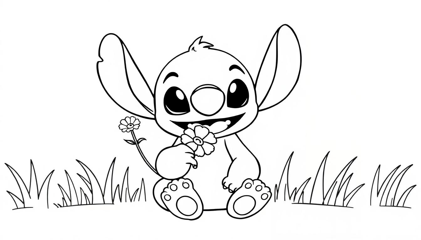 Kleurplaat van Stitch die vrolijk twee bloemetjes vasthoudt terwijl hij tussen het gras zit.