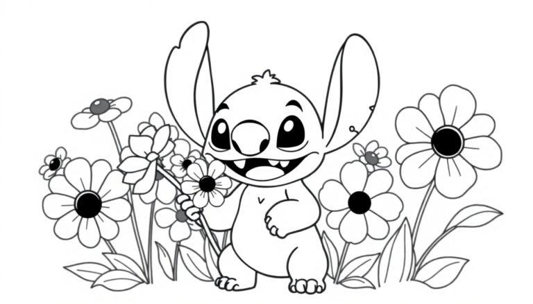 Kleurplaat van Stitch met bloemen, vrolijk en schattig.