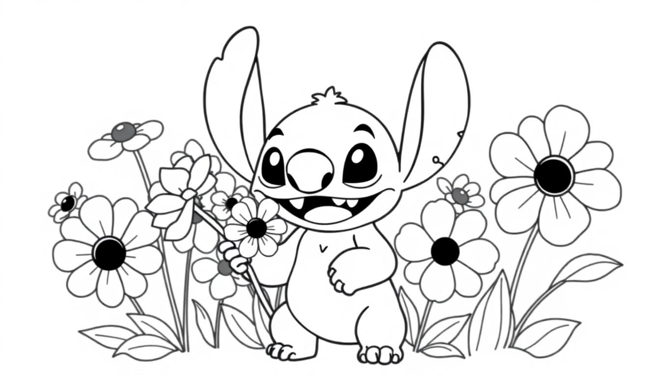 Kleurplaat van Stitch met bloemen, vrolijk en schattig.