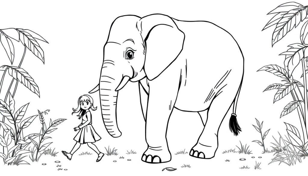 Zwart-wit kleurplaat van een meisje dat naast een vriendelijke olifant loopt in de jungle.