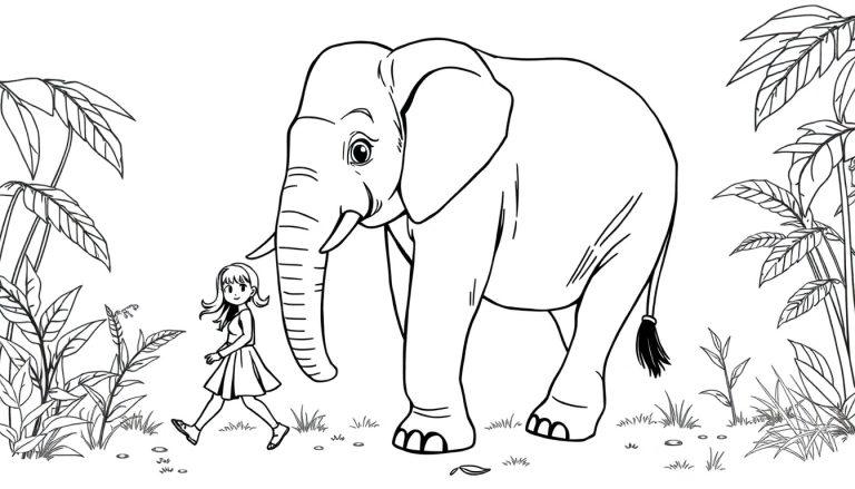 Zwart-wit kleurplaat van een meisje dat naast een vriendelijke olifant loopt in de jungle.