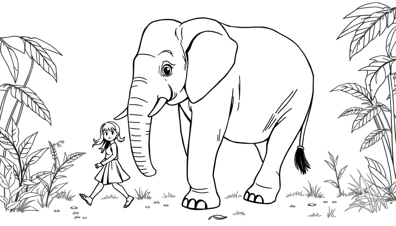Zwart-wit kleurplaat van een meisje dat naast een vriendelijke olifant loopt in de jungle.