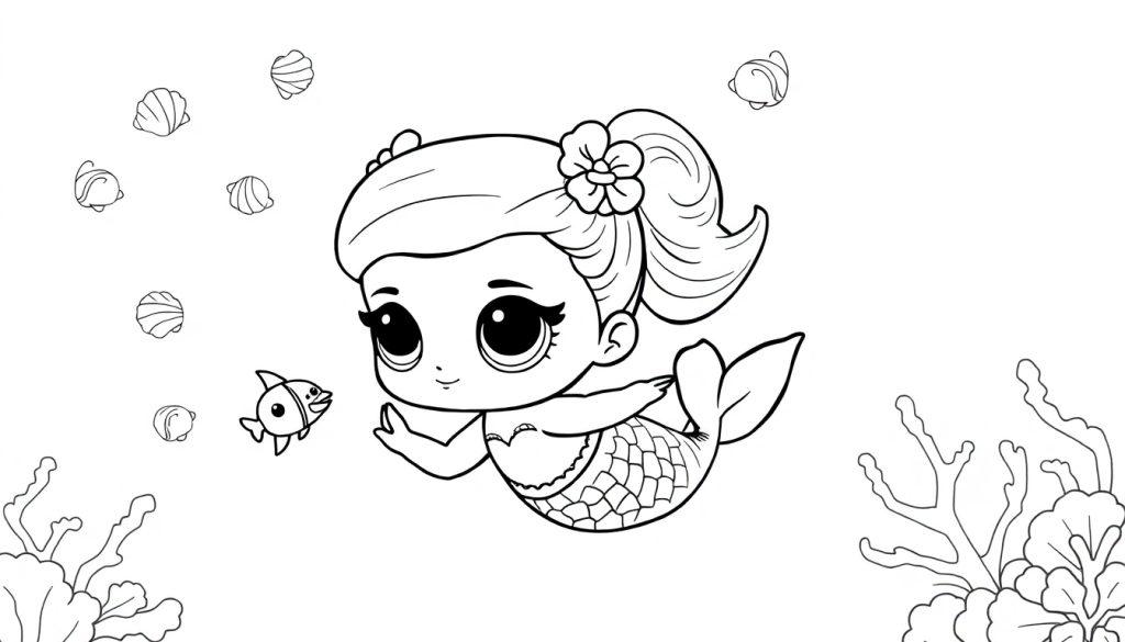 Een schattige kleurplaat van een kleine zwart-witte zeemeermin, compleet met bloemen in haar haar, een geschubde staart en vrolijke vissen en koraal om haar heen.
