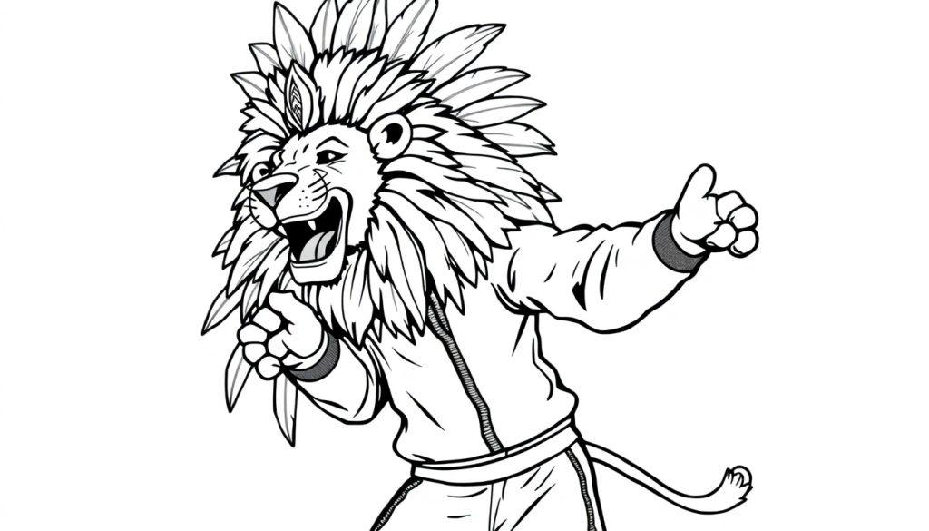 Een energieke, dansende leeuw in een trainingspak met een kleurrijke veren tooi, klaar voor het Braziliaanse carnaval. Kleurplaat.