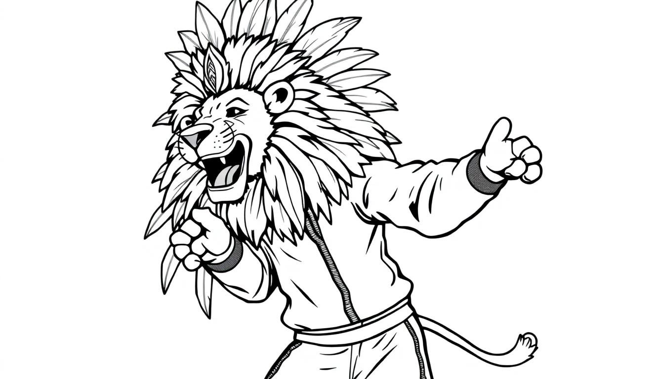 Een energieke, dansende leeuw in een trainingspak met een kleurrijke veren tooi, klaar voor het Braziliaanse carnaval. Kleurplaat.
