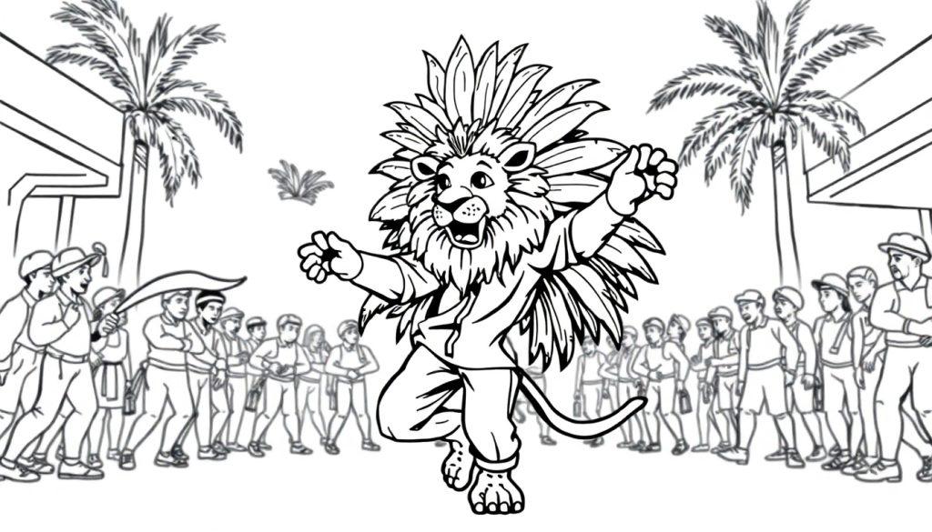 Een vrolijke kleurplaat van een dansende leeuw in trainingspak met veren tooi tijdens een Braziliaans carnaval.