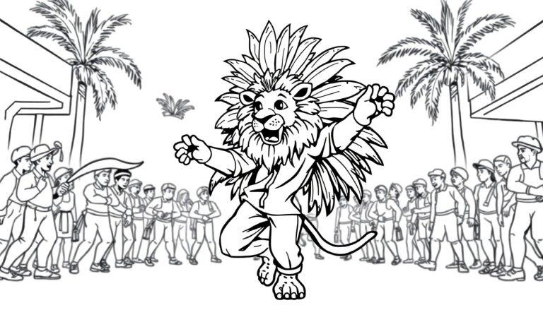 Een vrolijke kleurplaat van een dansende leeuw in trainingspak met veren tooi tijdens een Braziliaans carnaval.