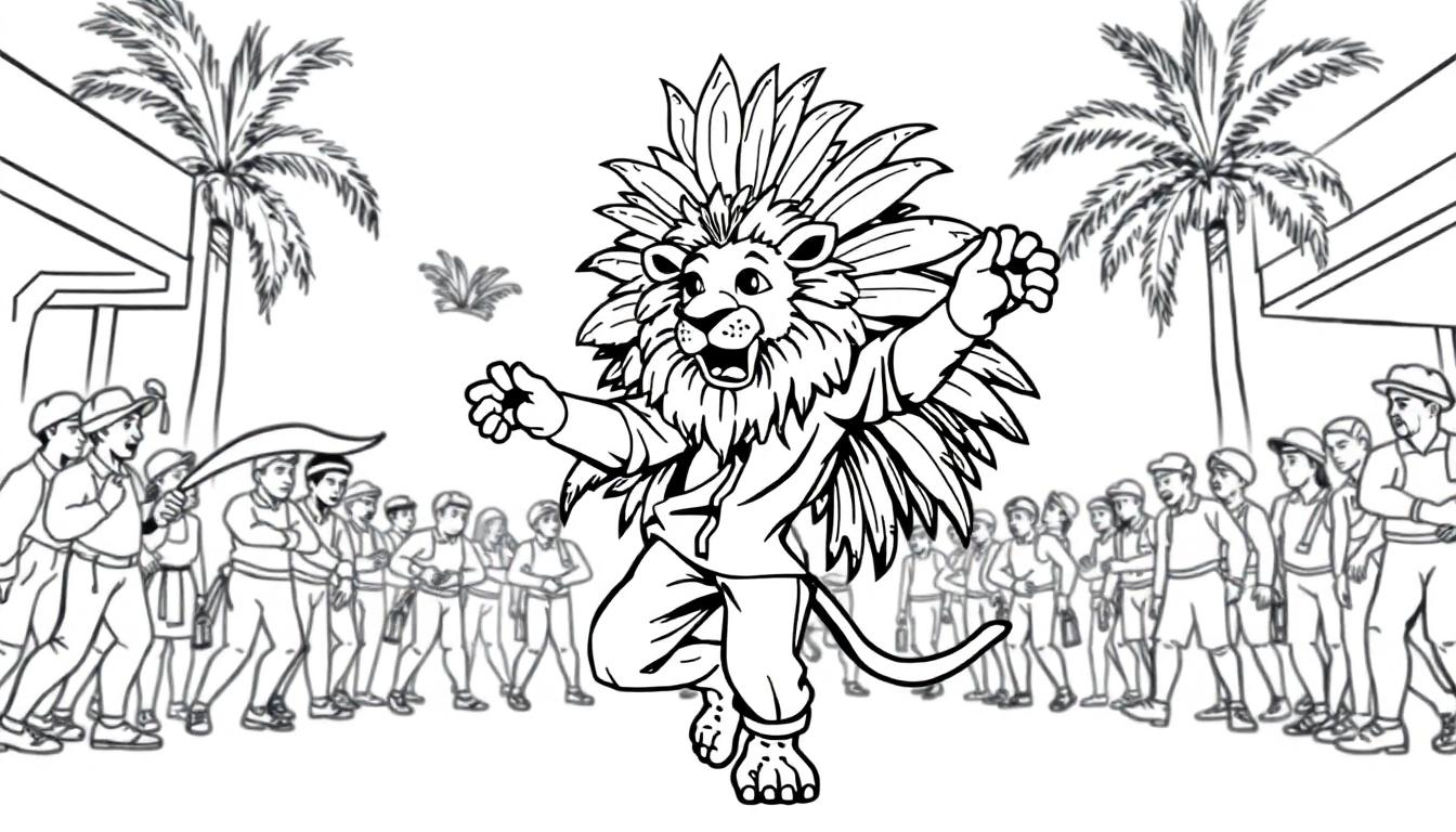 Een vrolijke kleurplaat van een dansende leeuw in trainingspak met veren tooi tijdens een Braziliaans carnaval.