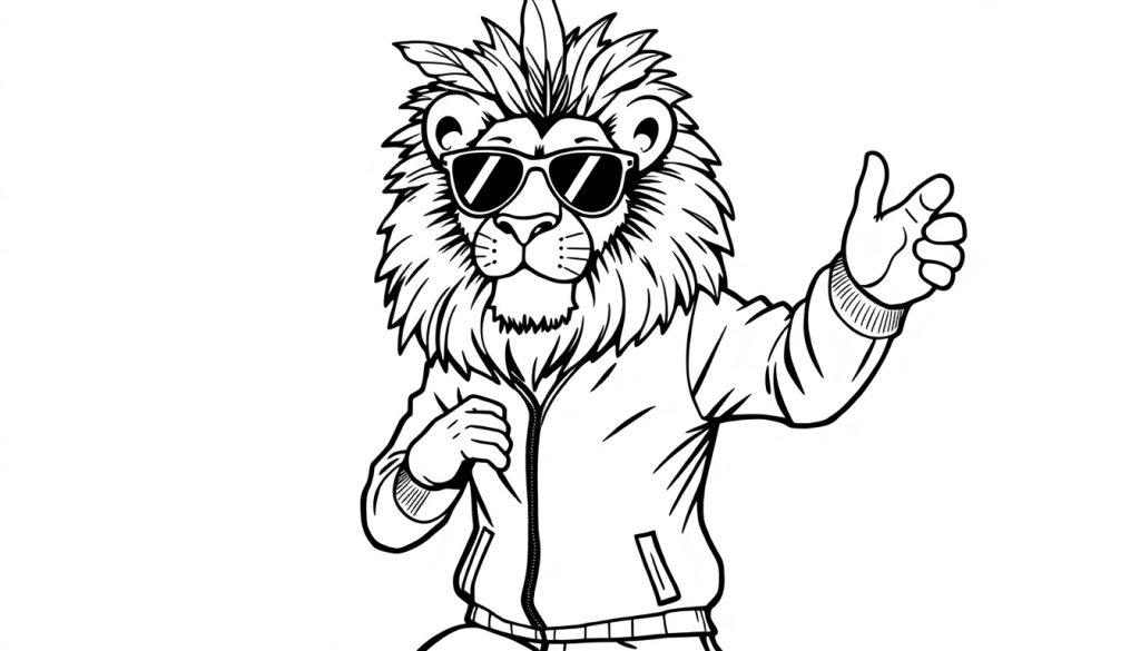 Een stoere leeuw in trainingspak met een zonnebril en een kleurrijke veren tooi, dansend in een coole pose. Perfect voor een kleurplaat!