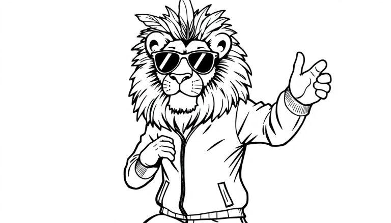Een stoere leeuw in trainingspak met een zonnebril en een kleurrijke veren tooi, dansend in een coole pose. Perfect voor een kleurplaat!