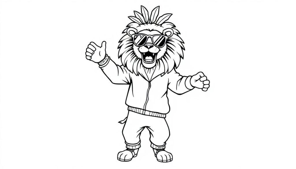 Eenvoudige kleurplaat van een vrolijke, stoere leeuw met zonnebril en trainingspak in een grappige pose.