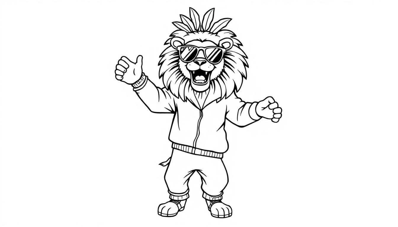Eenvoudige kleurplaat van een vrolijke, stoere leeuw met zonnebril en trainingspak in een grappige pose.