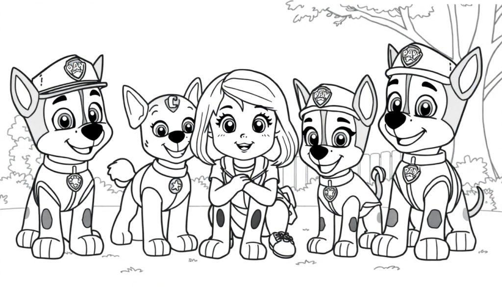 Kleurplaat van een meisje met blond haar, omringd door de schattige honden van de PAW Patrol in uniformen.