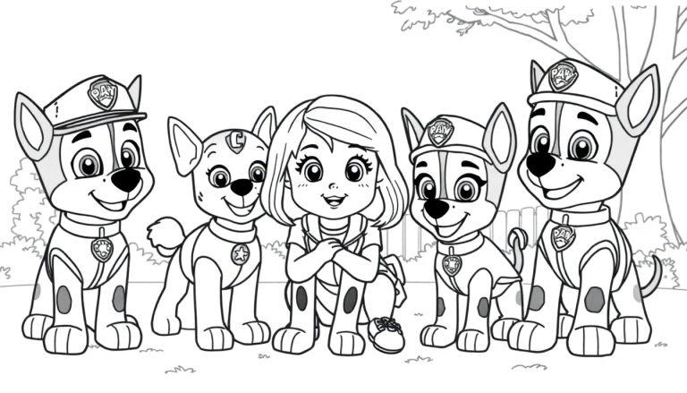 Kleurplaat van een meisje met blond haar, omringd door de schattige honden van de PAW Patrol in uniformen.