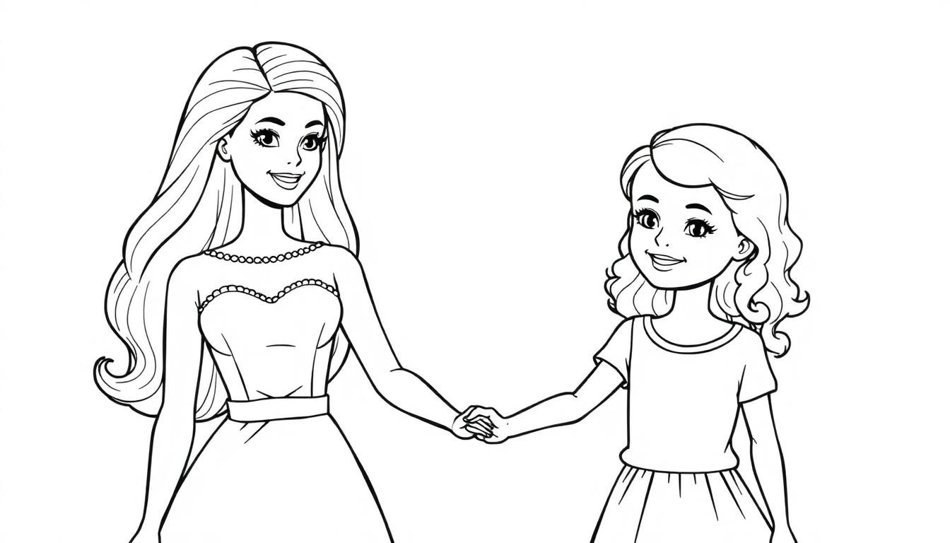 Een kleurplaat van een vrouw in een jurk met kralendetails die de hand vasthoudt van een lachend meisje met krulletjes.