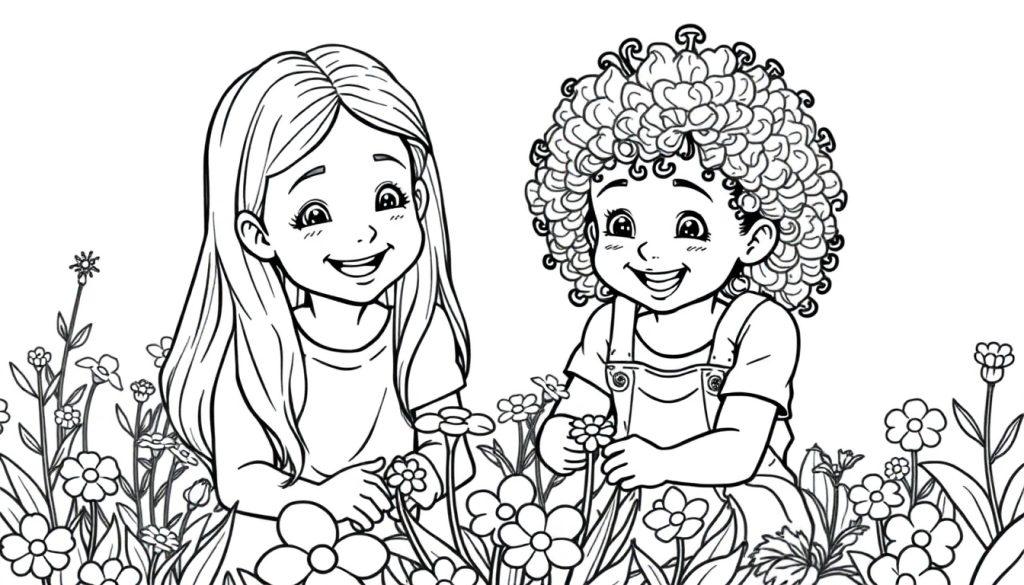 Een kleurplaat van twee lachende kinderen in een kleurrijke tuin vol bloemen.