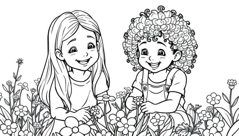 Een kleurplaat van twee lachende kinderen in een kleurrijke tuin vol bloemen.