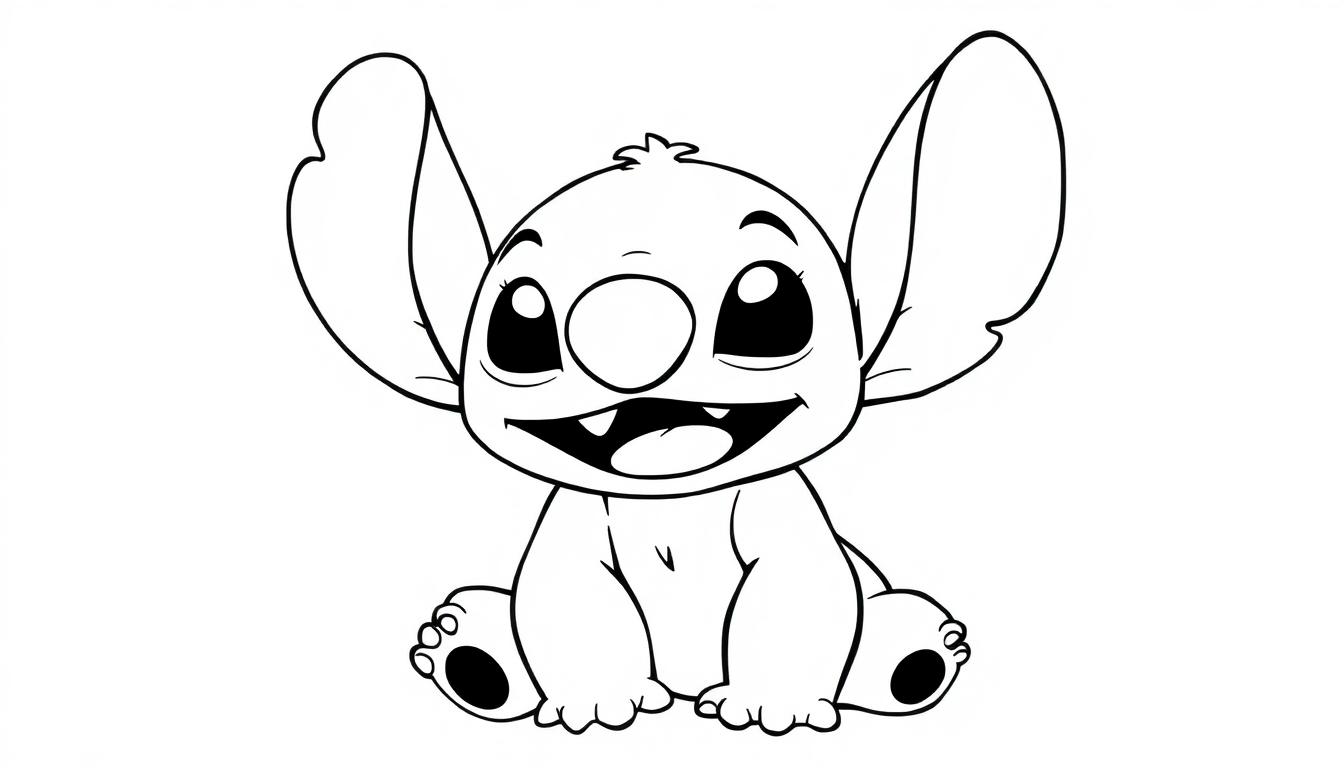 Kleurplaat van een schattig, cartoonachtig wezentje met grote oren en glimlach.