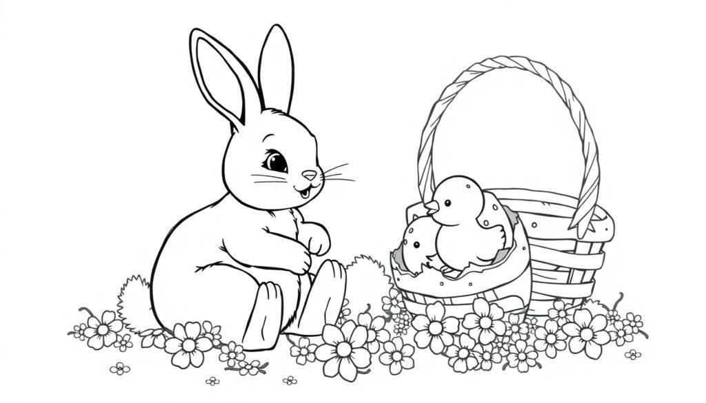Kleurplaat met een schattig konijn op het gras, een mand met kuikens en bloemen in een lenteachtige setting.