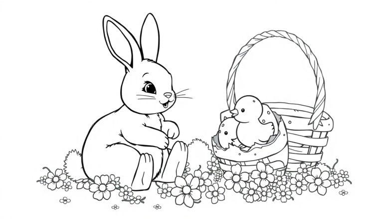 Kleurplaat met een schattig konijn op het gras, een mand met kuikens en bloemen in een lenteachtige setting.