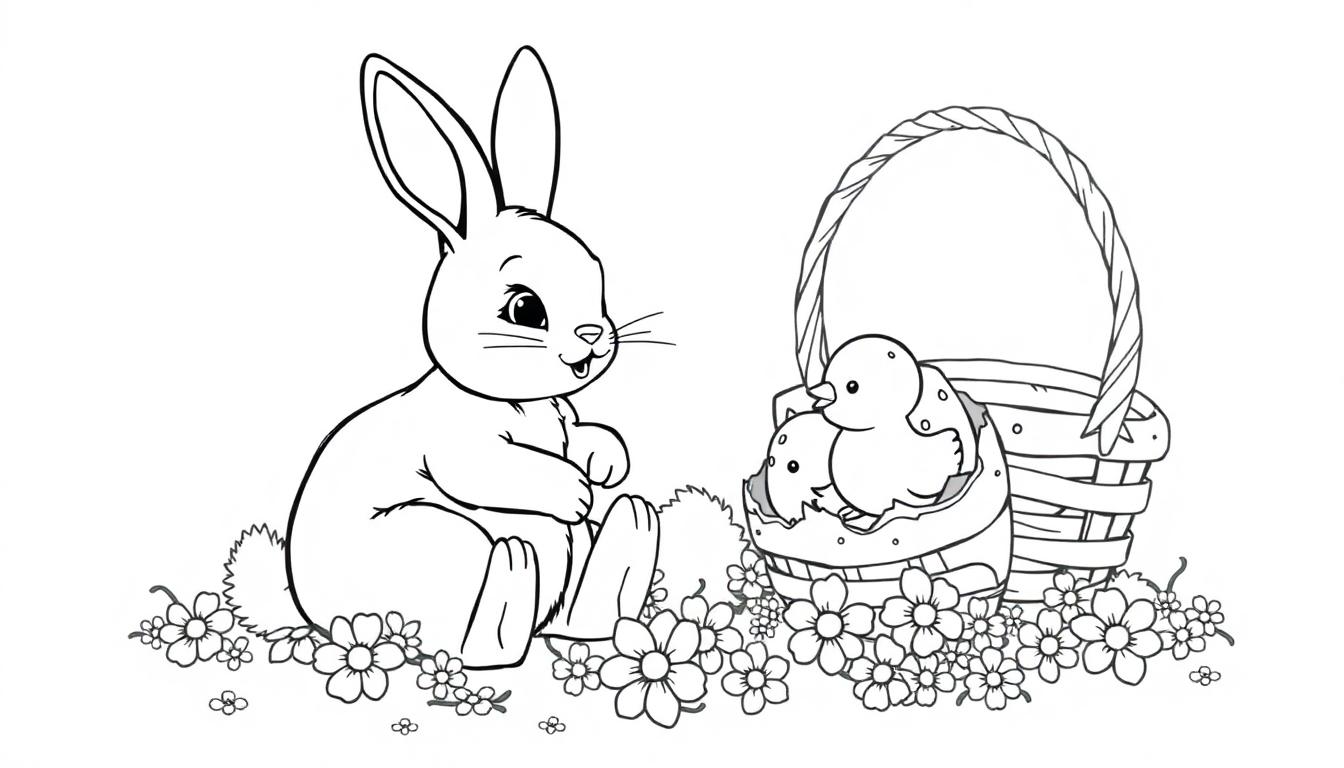 Kleurplaat met een schattig konijn op het gras, een mand met kuikens en bloemen in een lenteachtige setting.