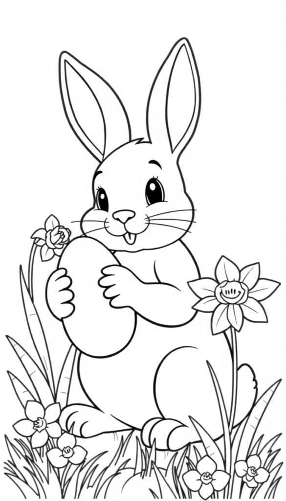Zwart-wit kleurplaat van een schattige paashaas met een groot ei en bloemen zoals narcissen.
