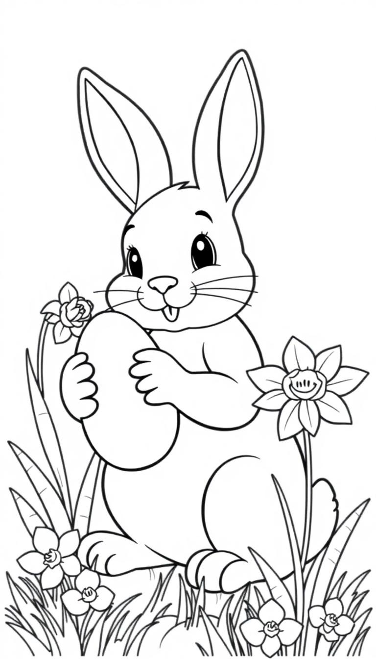 Zwart-wit kleurplaat van een schattige paashaas met een groot ei en bloemen zoals narcissen.