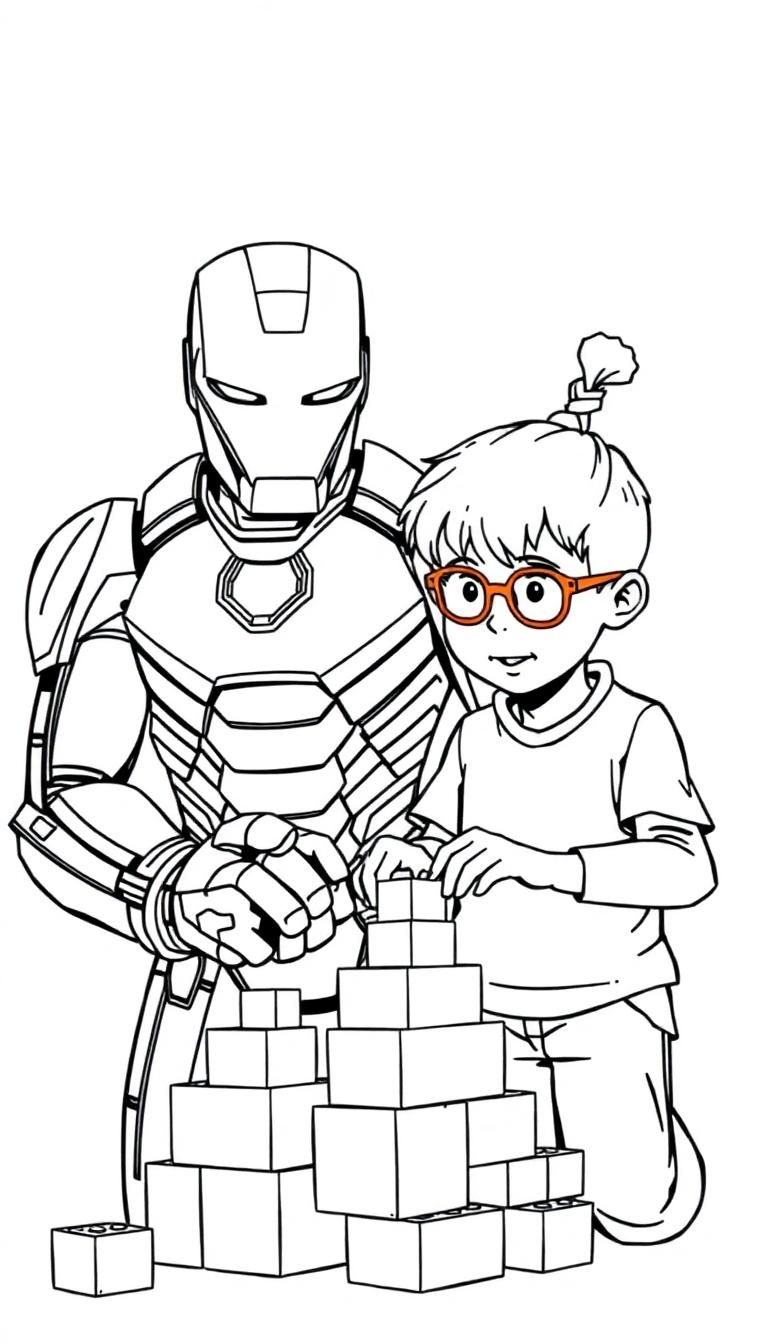 Kleurplaat van een robot en een lachend jongetje die samen torens bouwen van blokken.