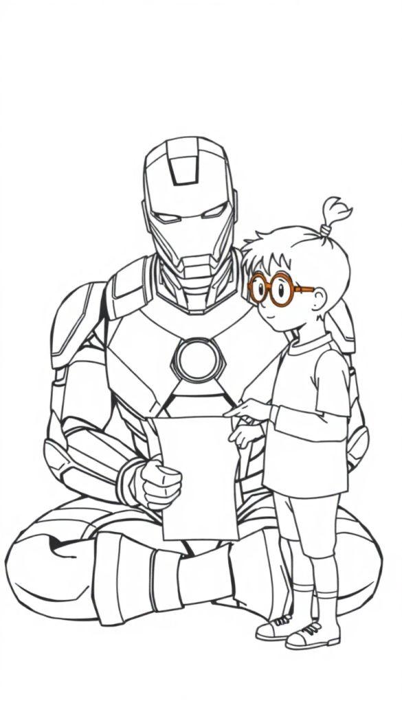 Een zwart-witte kleurplaat van een robot in een superheldenharnas die samen met een nieuwsgierig kind een papier bekijkt.