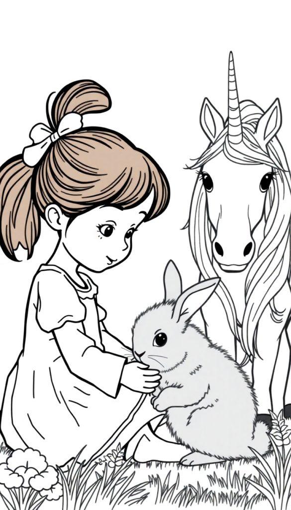 Kleurplaat van een meisje met een donkere paardenstaart die een grijs konijntje vasthoudt, terwijl een eenhoorn met lange manen toekijkt in een bloemenveld.